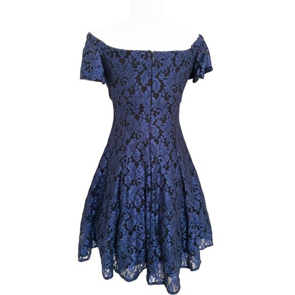 Vintage 2000s Off-Shoulder Blue & Black Glitter Lace Lined Dress S Prom - Picture 2 of 14